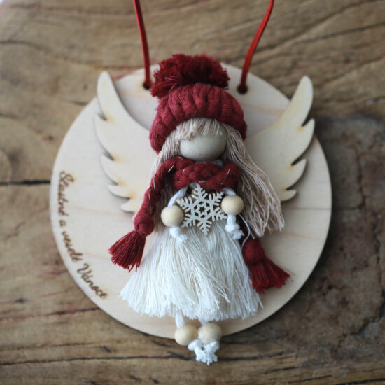 Medailonek se zimní andělkou macrame a vlastní fotkou - bílá