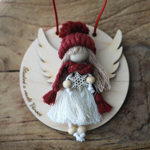 Medailonek se zimní andělkou macrame a vlastní fotkou - bílá